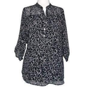 Cocomo Women's Plus Size 2X Black Multi Hearts Print Pintuck 3/4 Sleeve Top